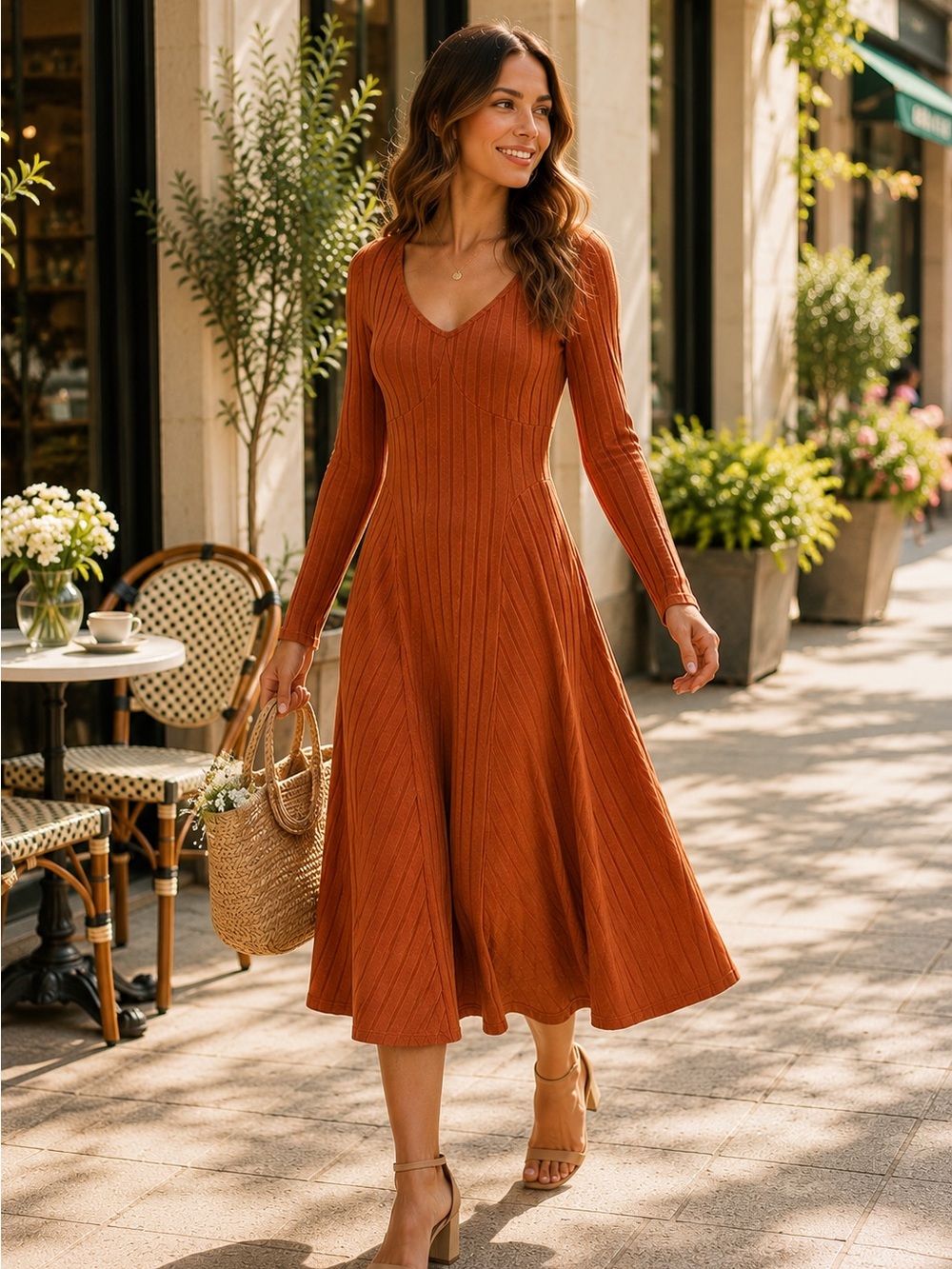 Halara Womens Ribbed Knit Fit Flare Midi Dress Small Rust Feminine Long Sleeve